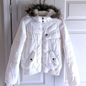 Arizona Jean Company White Puffer Jacket with Faux Fur Trim